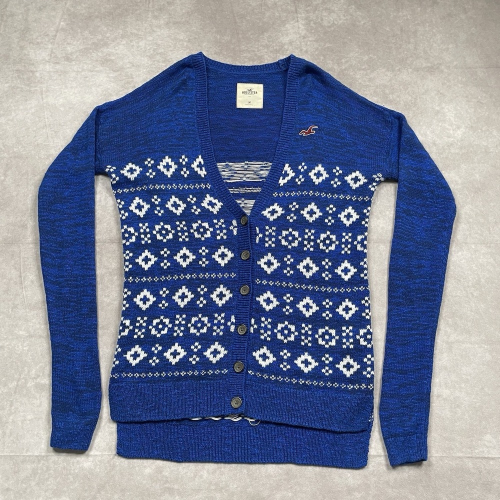 Hollister Cardigan Womens M Blue Cable Knit Preppy Argyle Y2K Vintage Sweatshirt